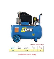 PİSTONLU KOMPRESÖR - 50 Lt - 2.5 HP - 8 Bar - Hava Üretimi: 200 Lt/dk. - 220 Volt - PUMA